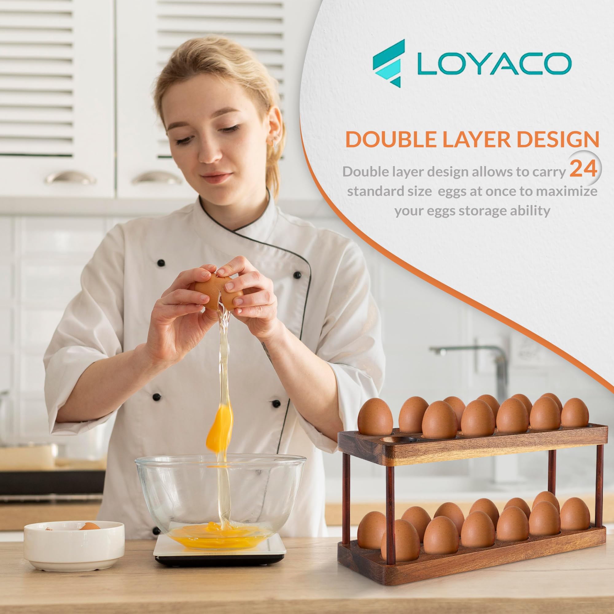 LOYACO Stackable Acacia Wooden Egg Holder Countertop - Stackable Double Layers Egg Rack, 24 Fresh Egg Holder, Durable Space Saving Design, Shop Organization Kitchen Rustic Decor