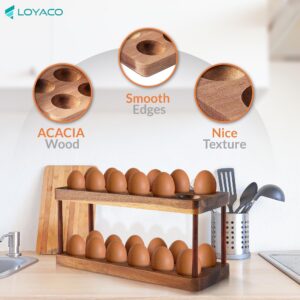 LOYACO Stackable Acacia Wooden Egg Holder Countertop - Stackable Double Layers Egg Rack, 24 Fresh Egg Holder, Durable Space Saving Design, Shop Organization Kitchen Rustic Decor