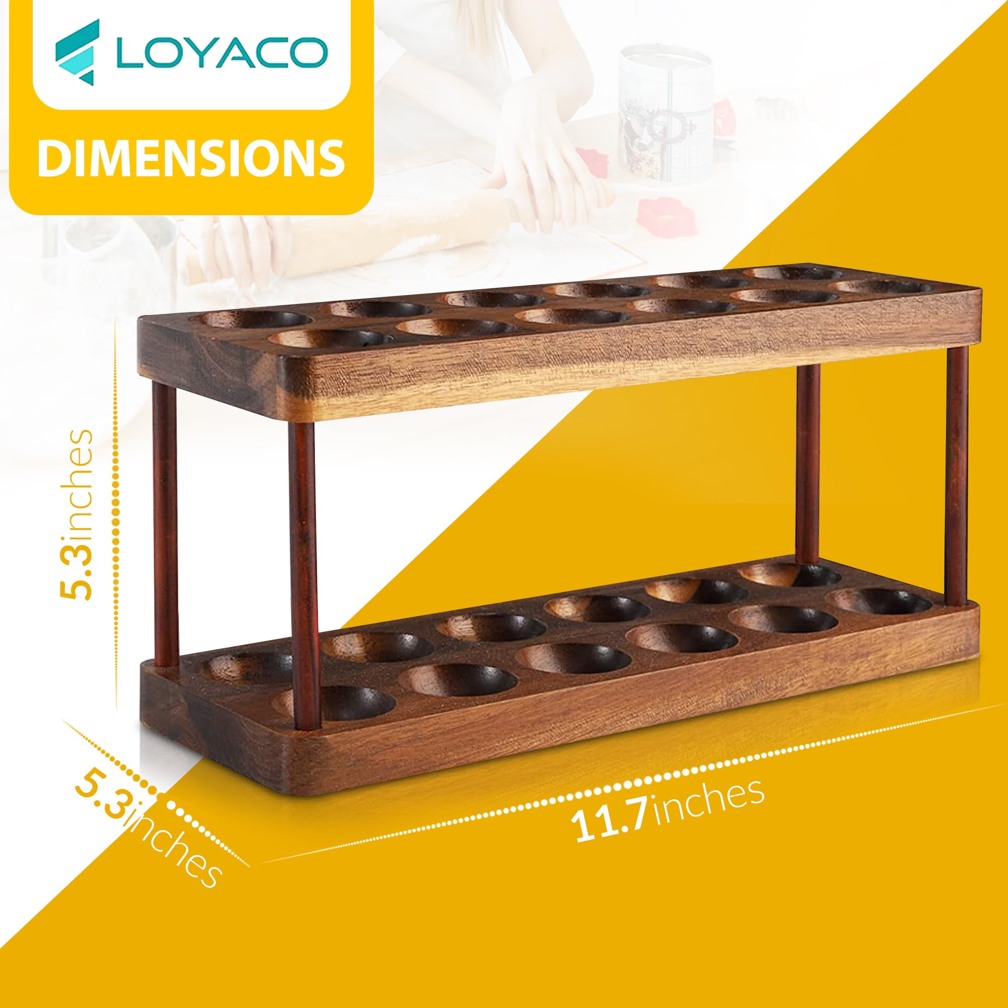 LOYACO Stackable Acacia Wooden Egg Holder Countertop - Stackable Double Layers Egg Rack, 24 Fresh Egg Holder, Durable Space Saving Design, Shop Organization Kitchen Rustic Decor