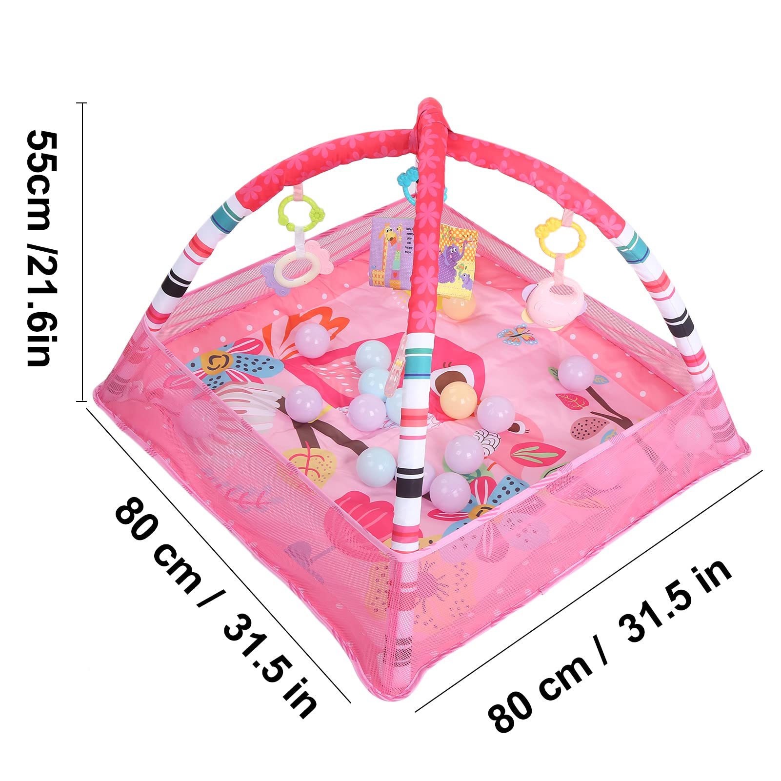 Baby Gym and Infant Play Mat Newborn Crawling Activity Center Soft Early Development Playmats with Safety Net and Ball and Hanging Toys (Pink)