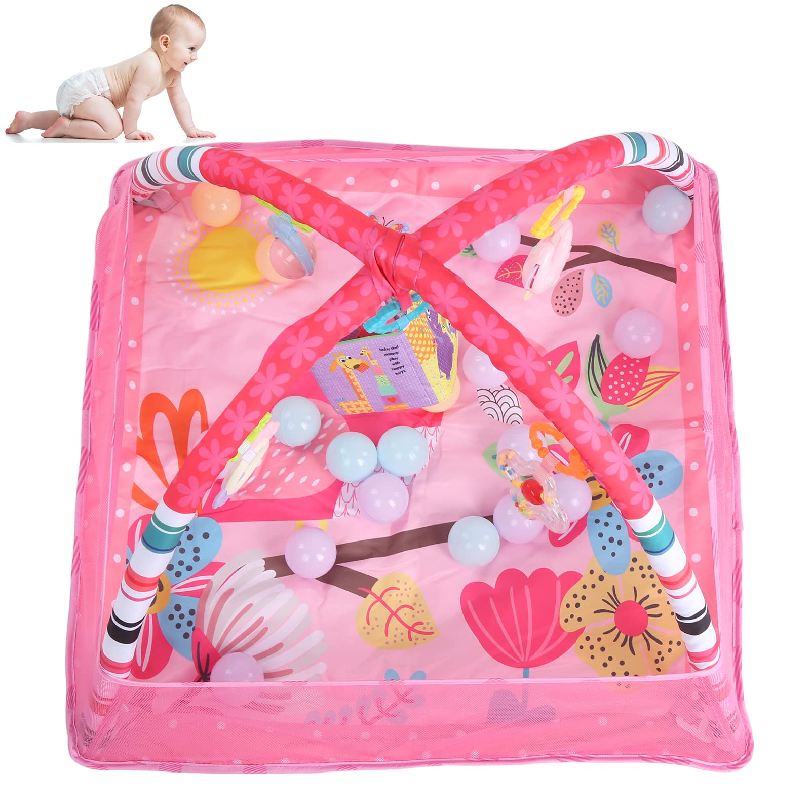 Baby Gym and Infant Play Mat Newborn Crawling Activity Center Soft Early Development Playmats with Safety Net and Ball and Hanging Toys (Pink)