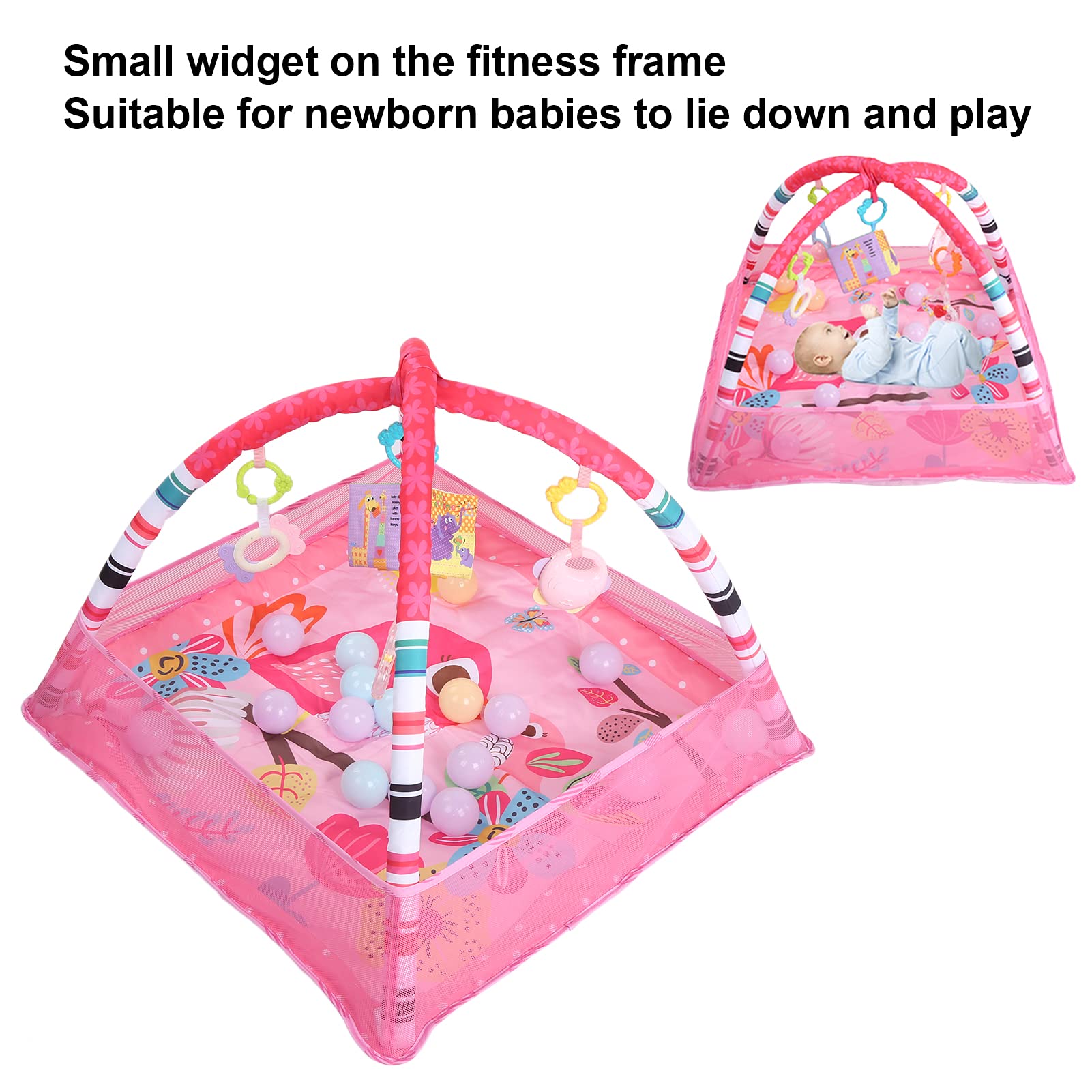 Baby Gym and Infant Play Mat Newborn Crawling Activity Center Soft Early Development Playmats with Safety Net and Ball and Hanging Toys (Pink)