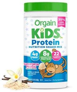 orgain kids protein powder shake mix, vanilla bean ice cream - 8g grass-fed dairy protein, 4g fiber, 22 vitamins & minerals, gluten free, no soy ingredients, adds healthy nutrients to kids snacks, 1lb