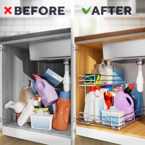 KOMFORA Cabinet Pull Out Organizer Shelves - 2-Tier Kitchen Under Sink Organizer - Heavy-Duty Cabinet Slide Out Drawer - Perfect Under Counter Organizer and Storage To Save Space