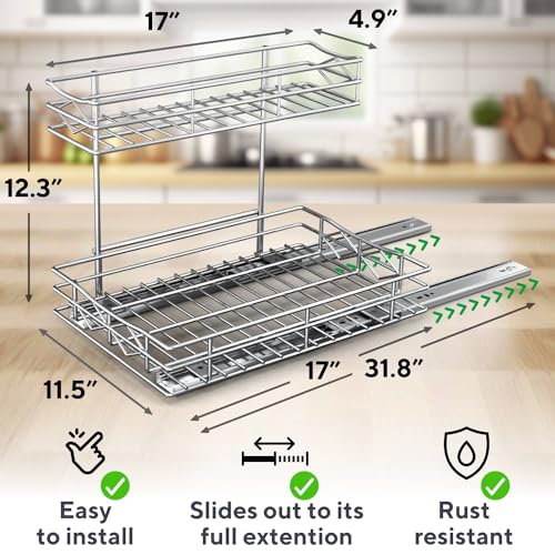 KOMFORA Cabinet Pull Out Organizer Shelves - 2-Tier Kitchen Under Sink Organizer - Heavy-Duty Cabinet Slide Out Drawer - Perfect Under Counter Organizer and Storage To Save Space