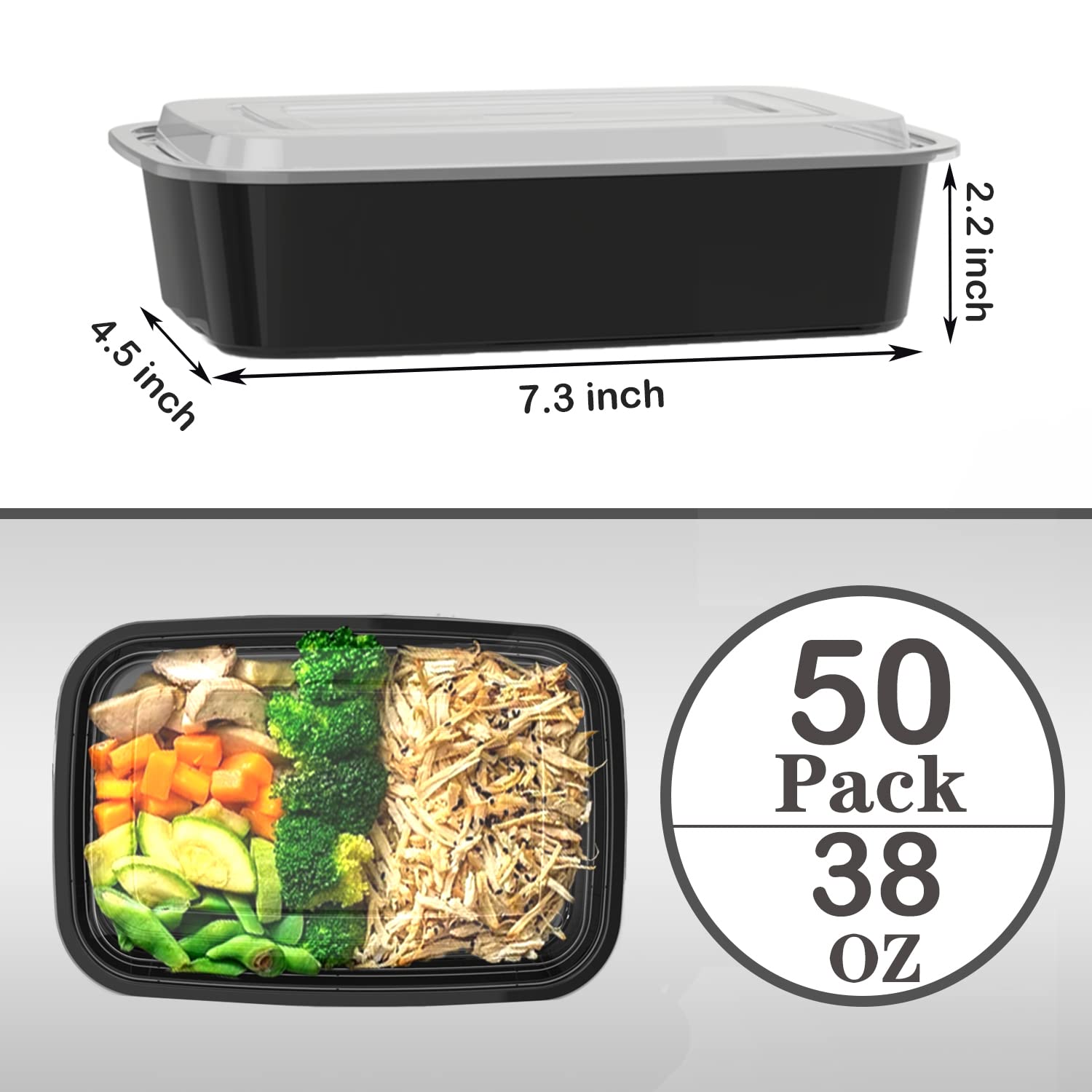 Goiio 50 Pack 38 Oz Meal Prep Container, Food Storage Containers with Lids, Disposable Bento Box Reusable Plastic Lunch Box Kitchen Food Take-Out Box Microwave Dishwasher Freezer Safe