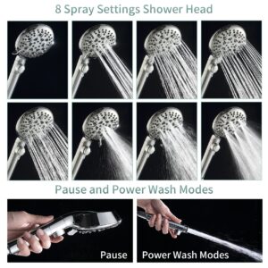 WHZeffect Handheld Shower Heads with ON/OFF Switch,Extra Long 79-inch Hose 8 Spray Settings High Pressure Detachable Showerhead,Built-in Power Sprayer to Clean Pets, Adjustable Angle Bracket,Silver