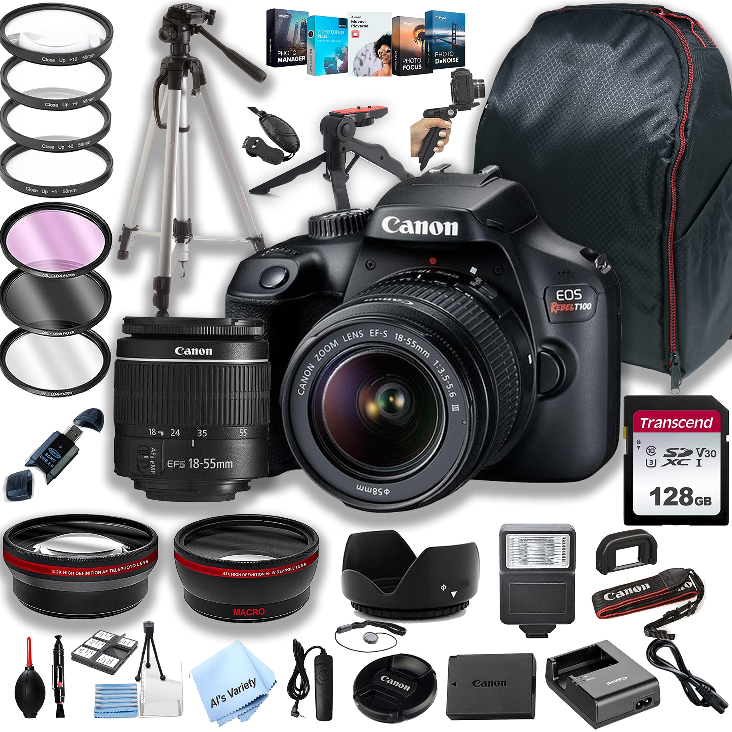 Canon EOS Rebel T100 (EOS 4000D) DSLR Camera w/EF-S 18-55mm F/3.5-5.6 Zoom Lens + 128GB Memory + Case+ Steady Grip Pod + Tripod + Filters + Lenses + Software + More (42pc Bundle)