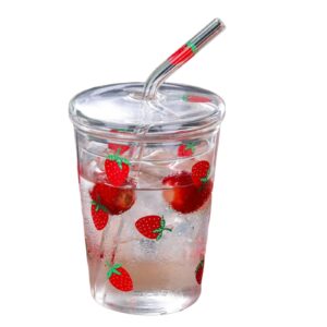 cute glass cups with lids and straws, 300ml strawberry glass cup, heat proof cute strawberry mug kawaii cup, for home office