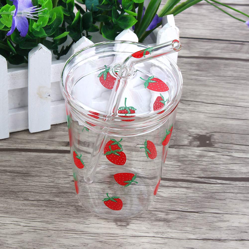 Cute Glass Cups With Lids And Straws, 300ml Strawberry Glass Cup, Heat Proof Cute Strawberry Mug Kawaii Cup, For Home Office