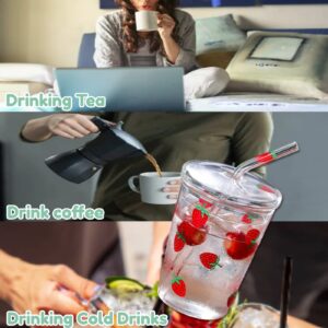 Cute Glass Cups With Lids And Straws, 300ml Strawberry Glass Cup, Heat Proof Cute Strawberry Mug Kawaii Cup, For Home Office