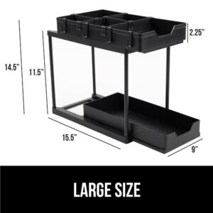 Gorilla Grip 2 Tier Under Sink Organizer, Pull Out Cabinet Organizers with Hooks, Slide Drawers Hold Up to 15lbs Each, Easy Assembly Storage for Kitchen Bathroom Coffee Bar, Shelf Organization, Black