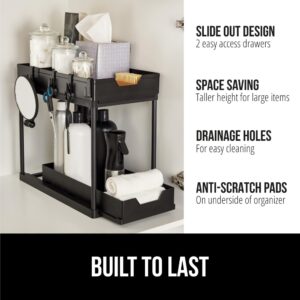 Gorilla Grip 2 Tier Under Sink Organizer, Pull Out Cabinet Organizers with Hooks, Slide Drawers Hold Up to 15lbs Each, Easy Assembly Storage for Kitchen Bathroom Coffee Bar, Shelf Organization, Black