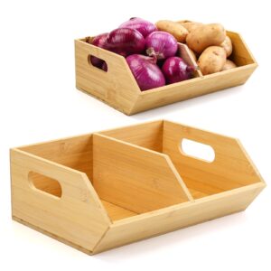 byoa official 2 set bamboo storage bins, pantry organizers and storage, kitchen countertop organization and storage basket for produce, onions, potatoes, garlic, fruits, vegetable and bread