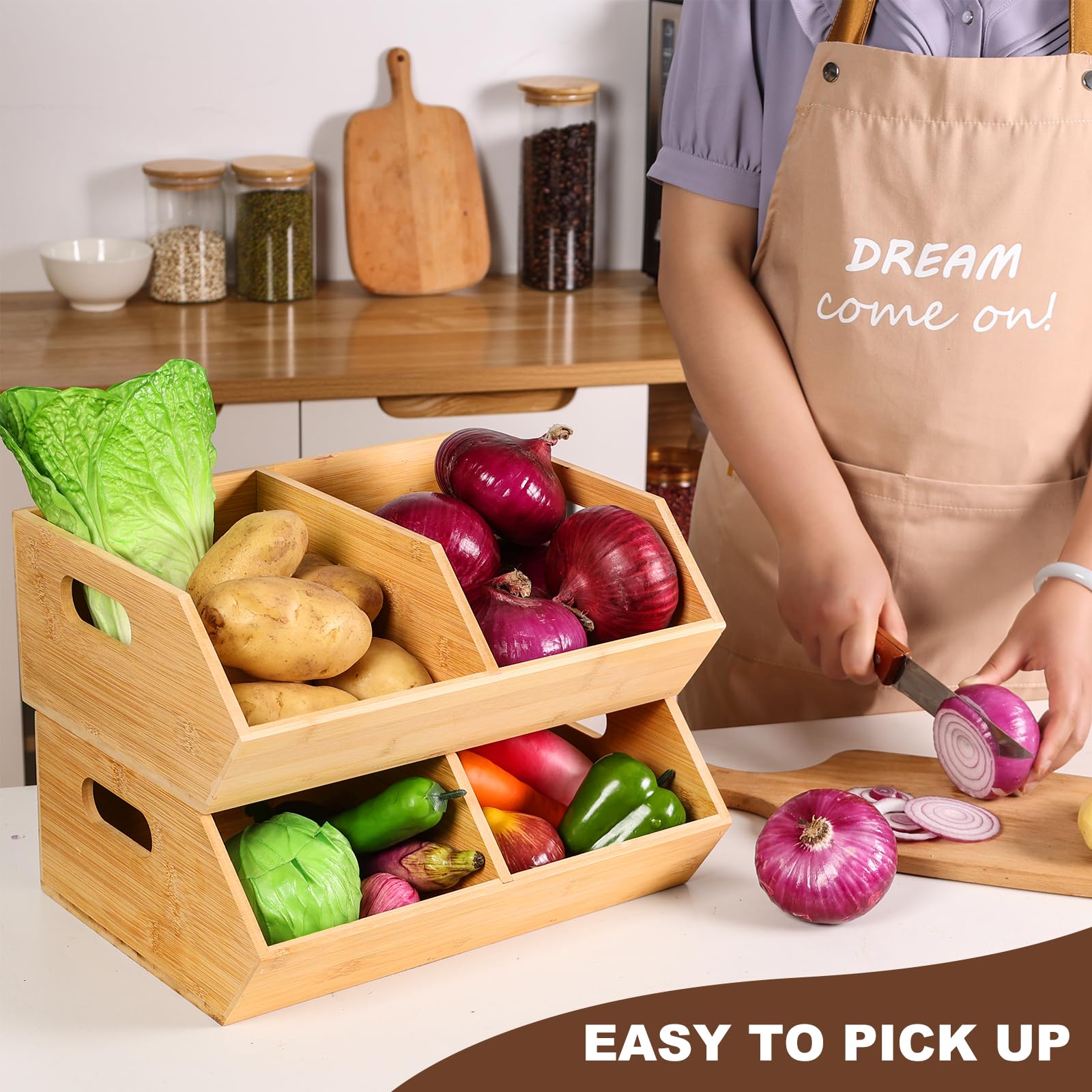 BYOA Official 2 Set Bamboo Storage Bins, Pantry Organizers and Storage, Kitchen Countertop Organization and Storage Basket for Produce, Onions, Potatoes, Garlic, Fruits, Vegetable and Bread