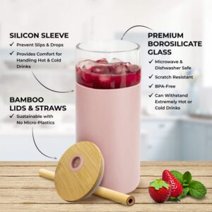 Prime Essentials Premium 4-Pack 20oz Glass Tumblers With Silicone Sleeves | Bamboo Glass Cups With Lids And Straws | Iced Coffee Cup, Smoothie Cup, & More | Microwave/Dishwasher Safe | BPA-Free