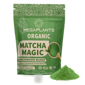 megaplants matcha magic (50 servings) | superfood 5 mushroom powder blend for focus, clarity & energy | usda organic | japanese ceremonial grade matcha | shade grown