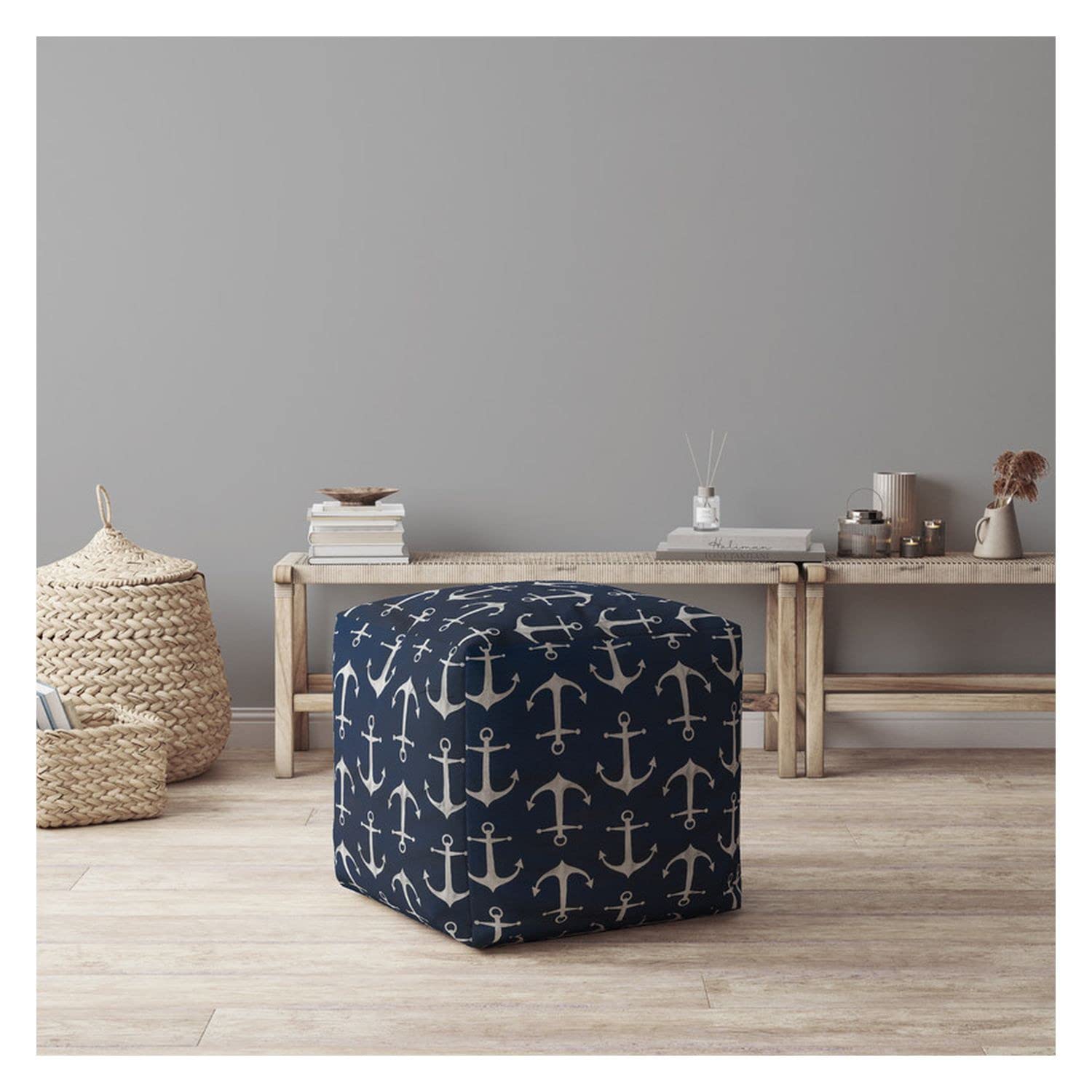 HomeRoots 17" Blue and Grey Twill Anchor Pouf Ottoman