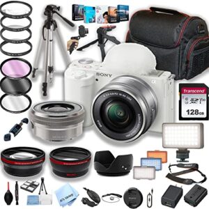 sony zv-e10 (white) mirrorless camera with 16-50mm lens + 128gb memory + led video light + case+ steady grip pod + tripod + filters + lenses + software + more (42pc bundle)