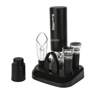 cork & vine rechargeable 7-piece wine set | electric wine opener, charging base | smart wine stopper, wine aerator, wine foil cutter, rechargeable corkscrew, 2 wine stoppers vacuum | kitchen gadgets