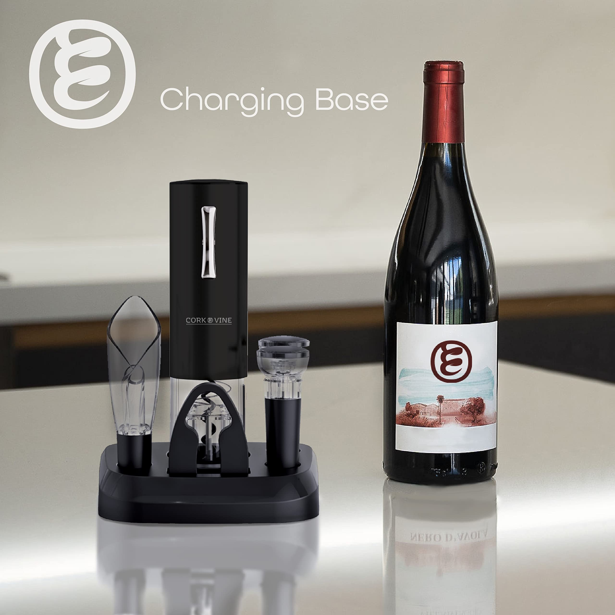 Cork & Vine Rechargeable 7-Piece Wine Set | Electric Wine Opener, Charging Base | Smart Wine Stopper, Wine Aerator, Wine Foil Cutter, Rechargeable Corkscrew, 2 Wine Stoppers Vacuum | Kitchen Gadgets