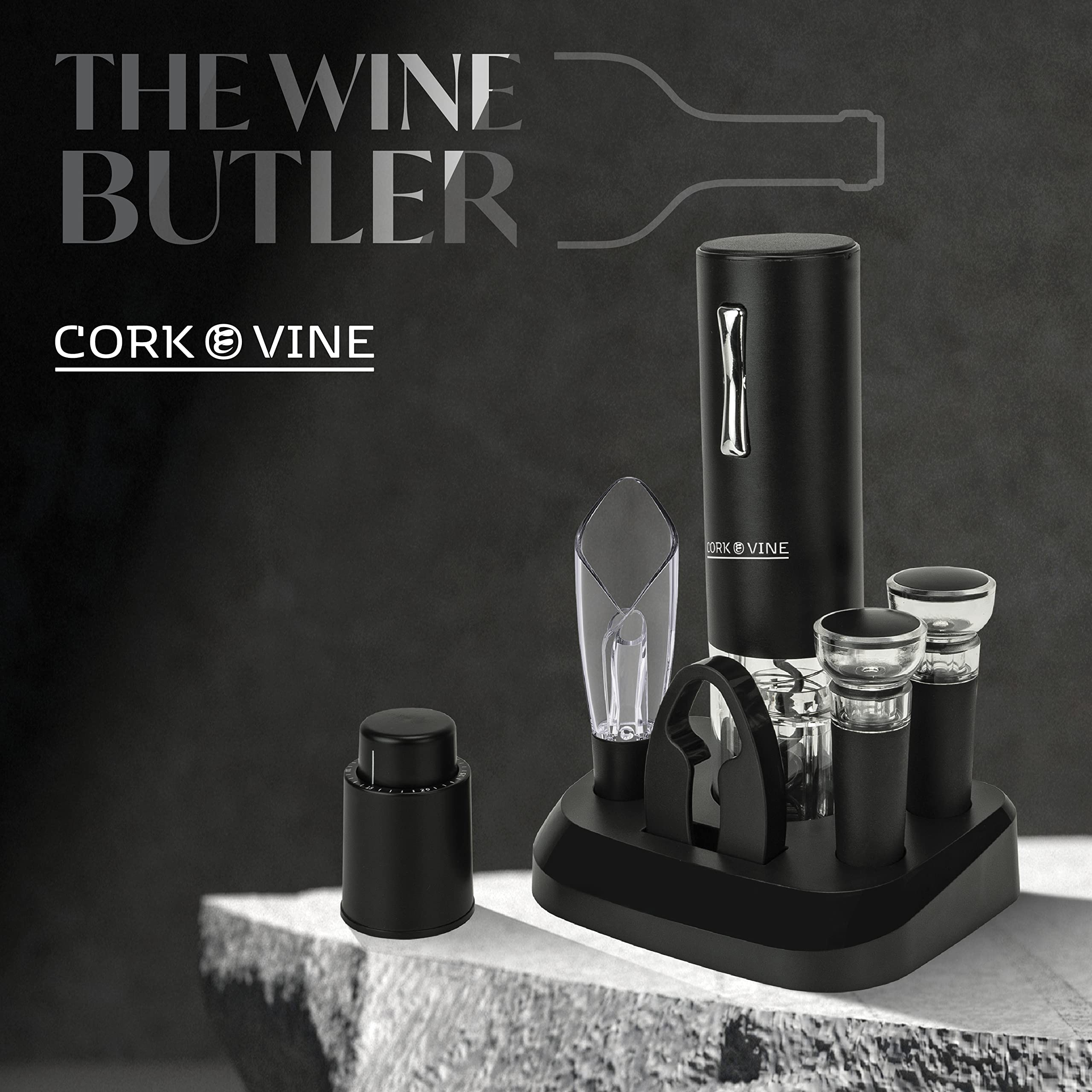 Cork & Vine Rechargeable 7-Piece Wine Set | Electric Wine Opener, Charging Base | Smart Wine Stopper, Wine Aerator, Wine Foil Cutter, Rechargeable Corkscrew, 2 Wine Stoppers Vacuum | Kitchen Gadgets