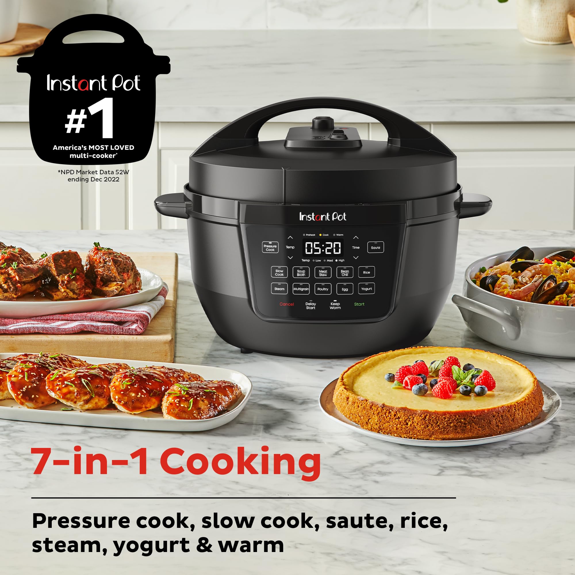 Instant Pot RIO Wide Base, 7.5 Quarts, Large Searing Base, WhisperQuiet Steam Release, 7-in-1 Electric Multi-Cooker, Pressure Cooker, Slow Cooker, Rice Cooker, Steamer, Sauté, Yogurt & Warmer