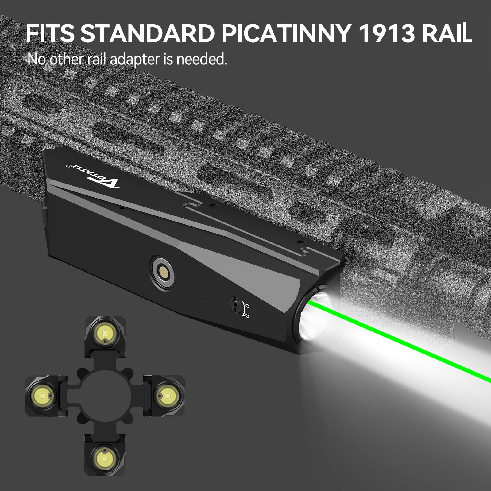 P9L-G Tactical Light Laser Combo - 1600 Lumens LED & Green Laser Sight for Picatinny Rails with Magnetic Charger and Momentary/Constant-on Switch