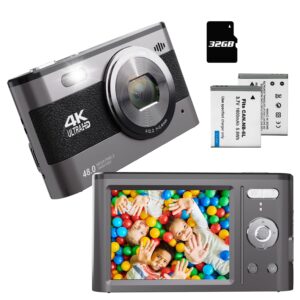 digital camera, 4k 48mp digital camera for kids camera with 2.8 inch ips screen, portable compact camera with 32gb tf card and 2 batteries for beginners,students,teens (black)