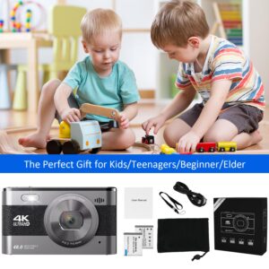 Digital Camera, 4K 48MP Digital Camera for Kids Camera with 2.8 inch IPS Screen, Portable Compact Camera with 32GB TF Card and 2 Batteries for Beginners,Students,Teens (Black)