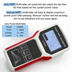 Solar Panel Power Meter 800W, Handheld PV Panel Multimeter Monitor MPPT Watt Voltage Amp with Clear Backlit LCD Display, Solar Power Tester w/ MC4 Connector and Alligator Clip Included