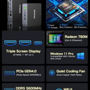 GMKtec K1 Mini Powerhouse Gaming Computer AMD Ryzen 7 6800H (8C/16T, 4.70Ghz), Mini Gaming PC 16GB DDR5+512GB M.2 2280 PCle SSD AMD Radeon 680M, Windows 11 Pro, WiFi 6, BT 5.2, DP, RJ45 2.5G