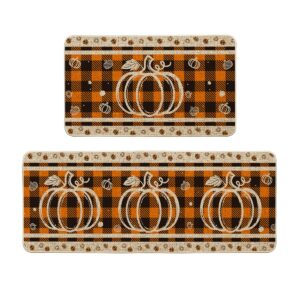 artoid mode buffalo plaid pumpkin fall kitchen mats set of 2, home decor low-profile kitchen rugs for floor - 17x29 and 17x47 inch