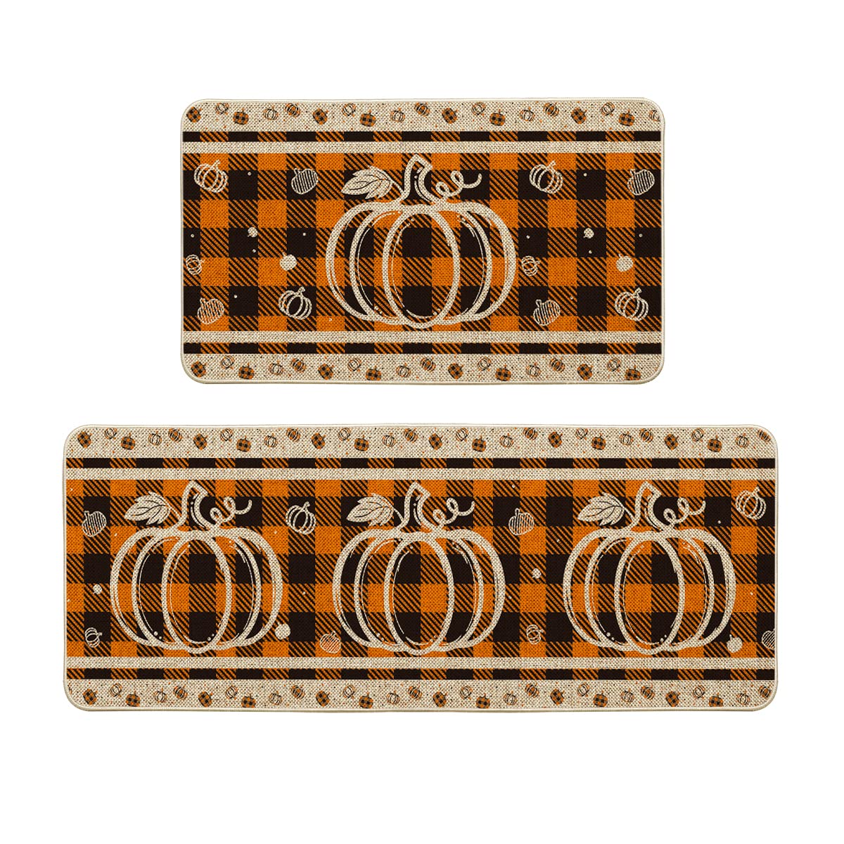 Artoid Mode Buffalo Plaid Pumpkin Fall Kitchen Mats Set of 2, Home Decor Low-Profile Kitchen Rugs for Floor - 17x29 and 17x47 Inch