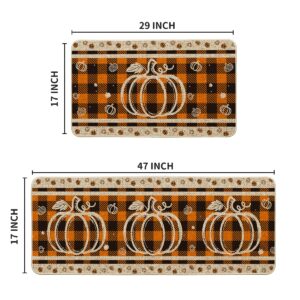 Artoid Mode Buffalo Plaid Pumpkin Fall Kitchen Mats Set of 2, Home Decor Low-Profile Kitchen Rugs for Floor - 17x29 and 17x47 Inch