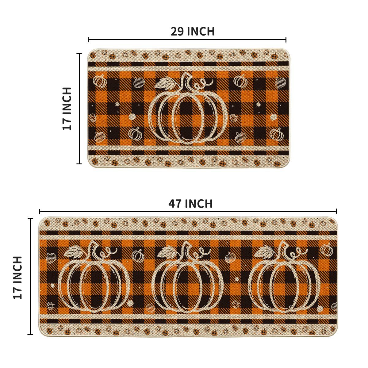 Artoid Mode Buffalo Plaid Pumpkin Fall Kitchen Mats Set of 2, Home Decor Low-Profile Kitchen Rugs for Floor - 17x29 and 17x47 Inch