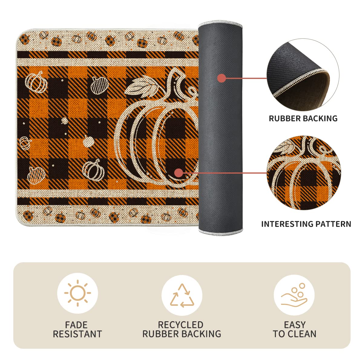 Artoid Mode Buffalo Plaid Pumpkin Fall Kitchen Mats Set of 2, Home Decor Low-Profile Kitchen Rugs for Floor - 17x29 and 17x47 Inch