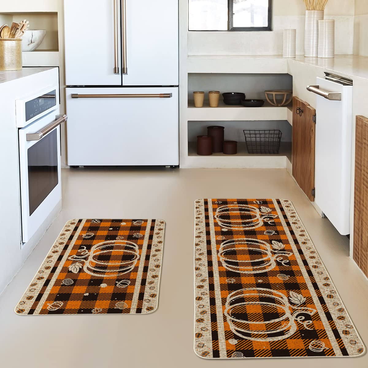 Artoid Mode Buffalo Plaid Pumpkin Fall Kitchen Mats Set of 2, Home Decor Low-Profile Kitchen Rugs for Floor - 17x29 and 17x47 Inch