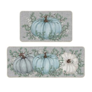 artoid mode pumpkin eucalyptus fall kitchen mats set of 2, home decor low-profile kitchen rugs for floor - 17x29 and 17x47 inch