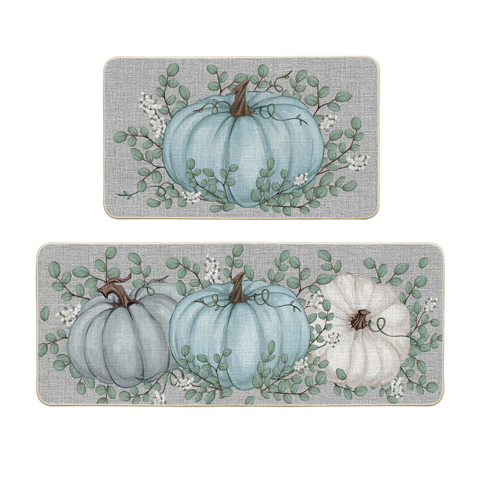 Artoid Mode Pumpkin Eucalyptus Fall Kitchen Mats Set of 2, Home Decor Low-Profile Kitchen Rugs for Floor - 17x29 and 17x47 Inch