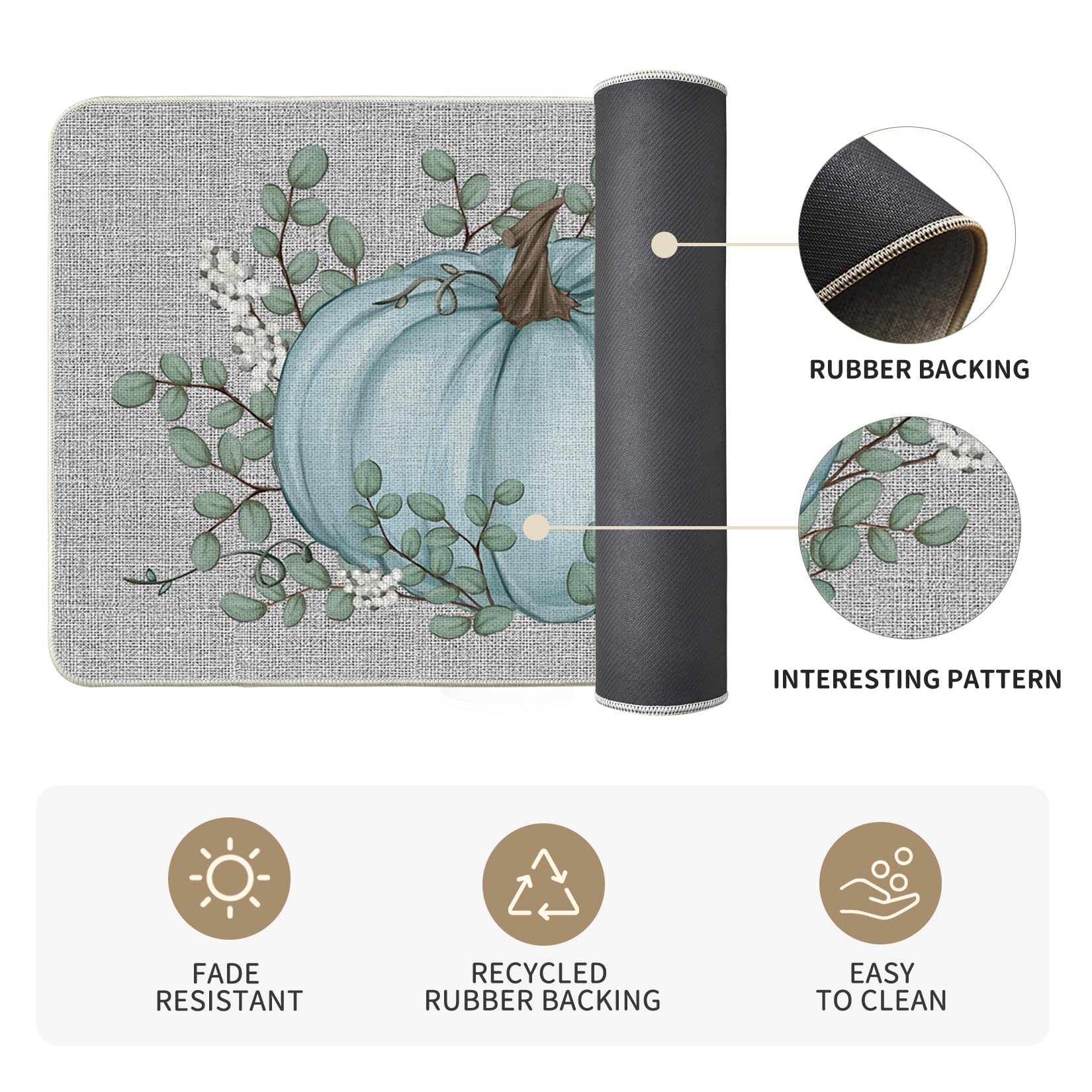 Artoid Mode Pumpkin Eucalyptus Fall Kitchen Mats Set of 2, Home Decor Low-Profile Kitchen Rugs for Floor - 17x29 and 17x47 Inch