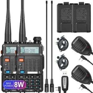 baofeng uv-5r 8-watt radio (uv-5r 3rd gen) with programming cable and high-gain antenna, long range handheld ham radio with earpiece and hand microphone (2 pack)