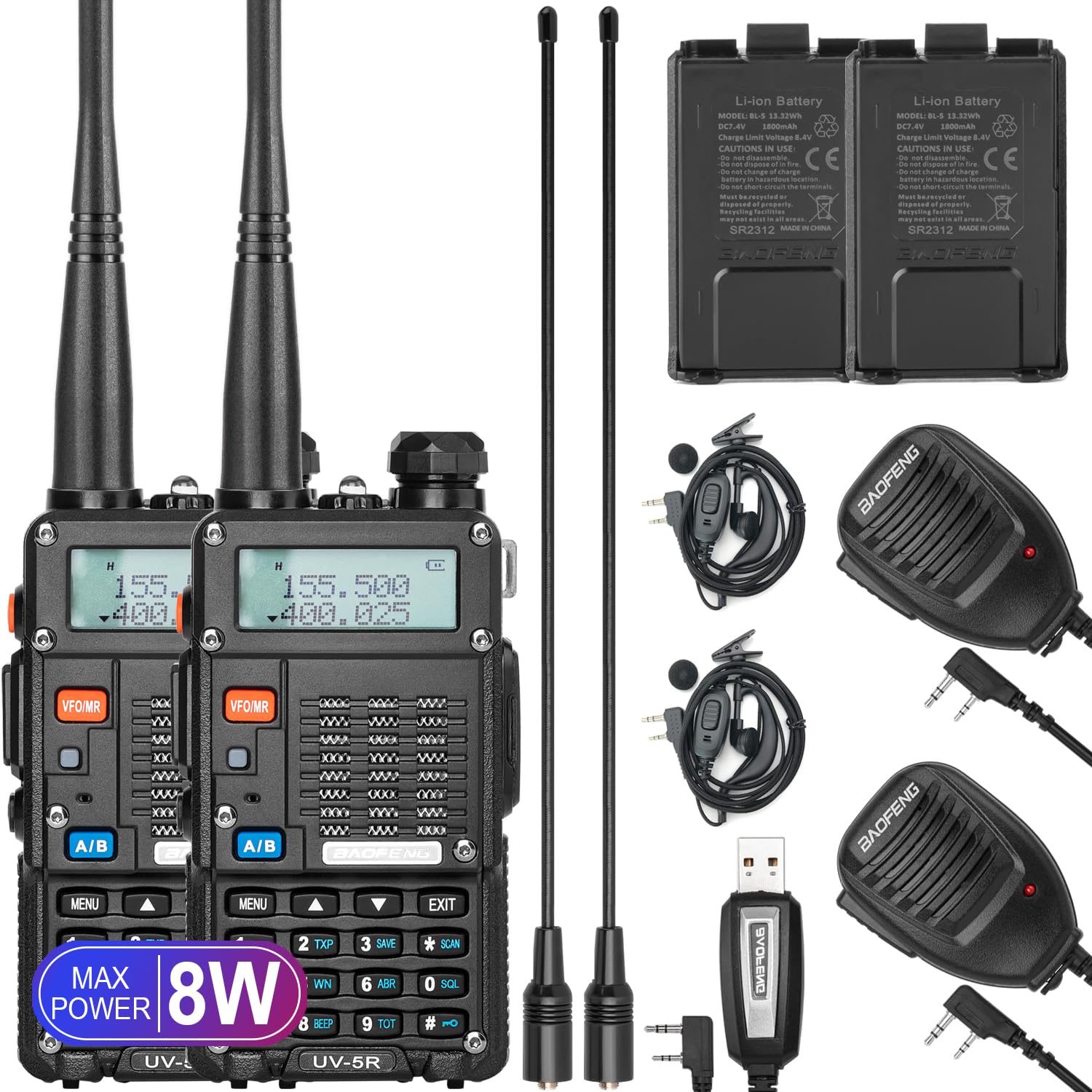 BAOFENG UV-5R 8-Watt Radio (UV-5R 3rd Gen) with Programming Cable and High-gain Antenna, Long Range Handheld Ham Radio with Earpiece and Hand Microphone (2 Pack)