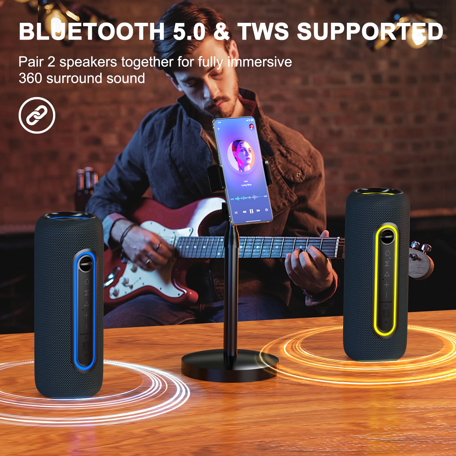 Bobtot Portable Bluetooth Speaker Wireless Speaker, TWS Stereo Sound Bluetooth 5.0 Waterproof IPX5 Built-in Mic with RGB Lights for Home Indoors and Outdoors Party…