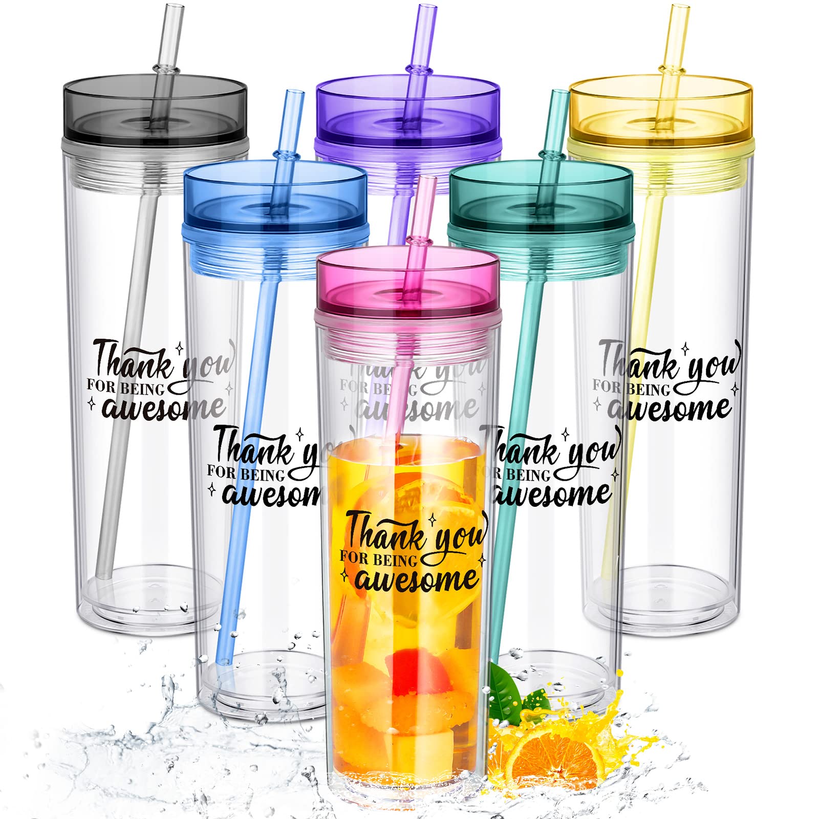 Didaey 6 Pcs Thank You Appreciation Gift for Employee Skinny Plastic Tumblers with Lid and Straw 16 oz Colored Clear Double Wall Tumbler for Coworker Men Women Friends Cup Gifts (Thank You)