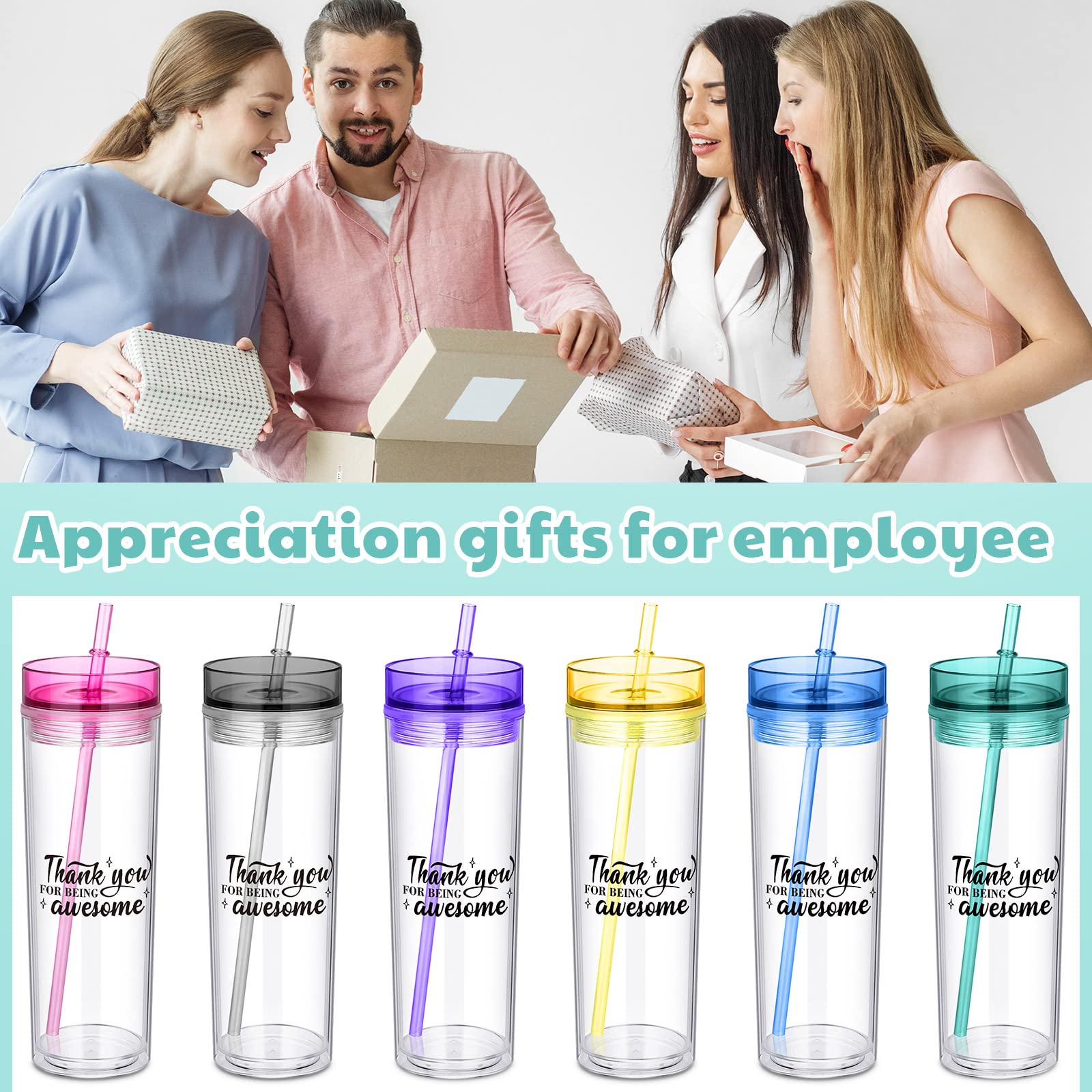 Didaey 6 Pcs Thank You Appreciation Gift for Employee Skinny Plastic Tumblers with Lid and Straw 16 oz Colored Clear Double Wall Tumbler for Coworker Men Women Friends Cup Gifts (Thank You)