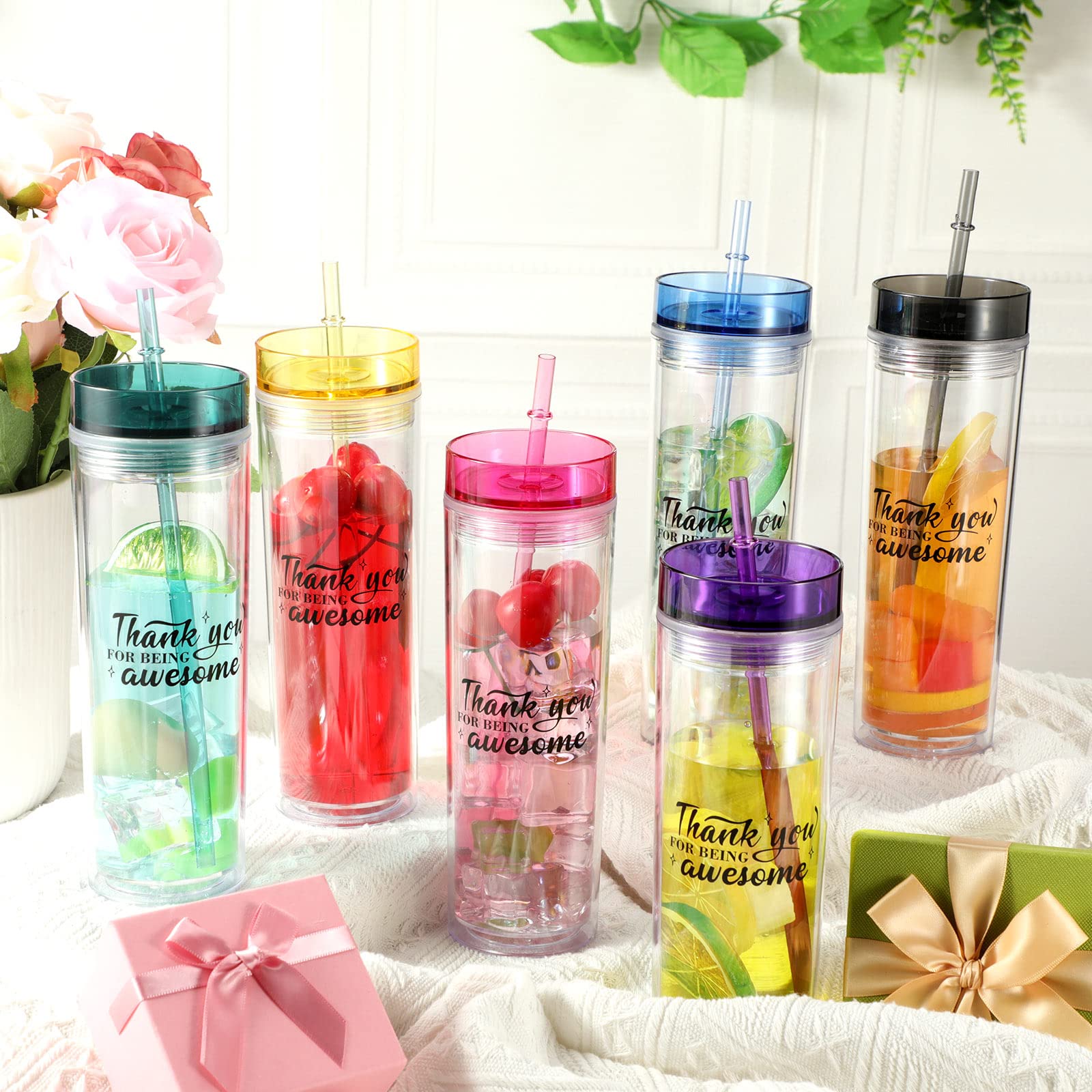 Didaey 6 Pcs Thank You Appreciation Gift for Employee Skinny Plastic Tumblers with Lid and Straw 16 oz Colored Clear Double Wall Tumbler for Coworker Men Women Friends Cup Gifts (Thank You)