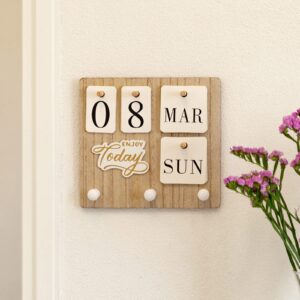 wooden wall perpetual calendar for home office decor accessories.wood flip calendar date week month planner for wall decor.wall decorative with 3 hooks for hanging coats,keys,bags.foldable and