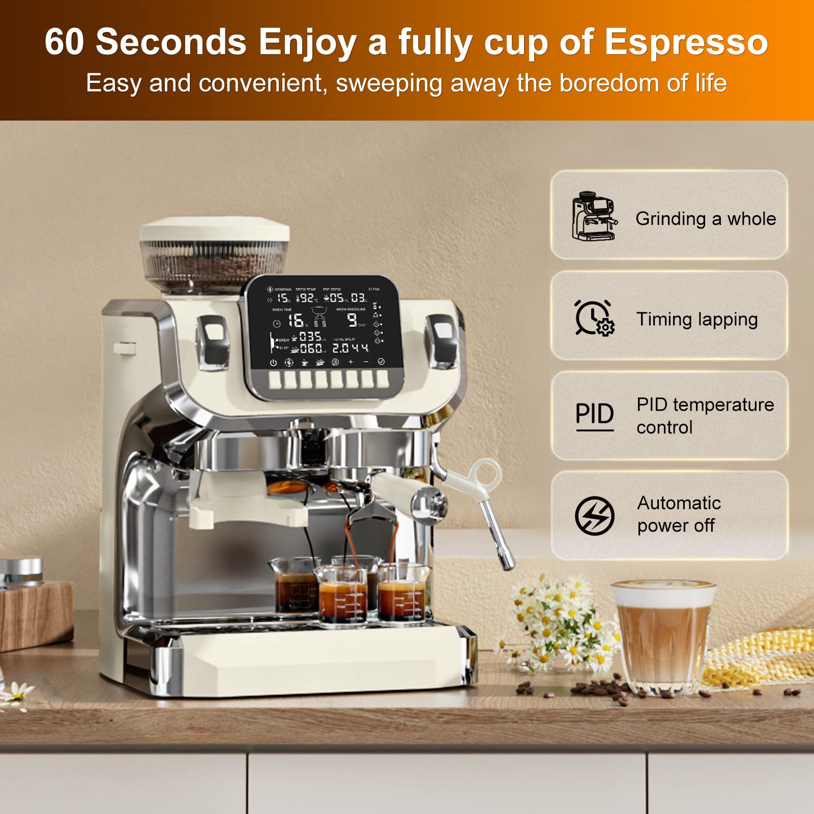 Mcilpoog TC520 Espresso Machine with Milk Frother，Semi Automatic Coffee Machine with Grinder,Easy To Use Espresso Coffee Maker with 6 inch Large Screen,15 Bar Pressure Pump,PID Temperature Control.