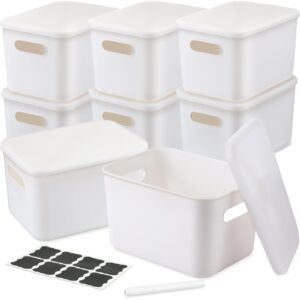 bbto 8 pcs white plastic storage bins with lids organizing container with handle stackable containers for organizing including labels and marker for table organization, 10.2 x 7.3 x 6.5 inch